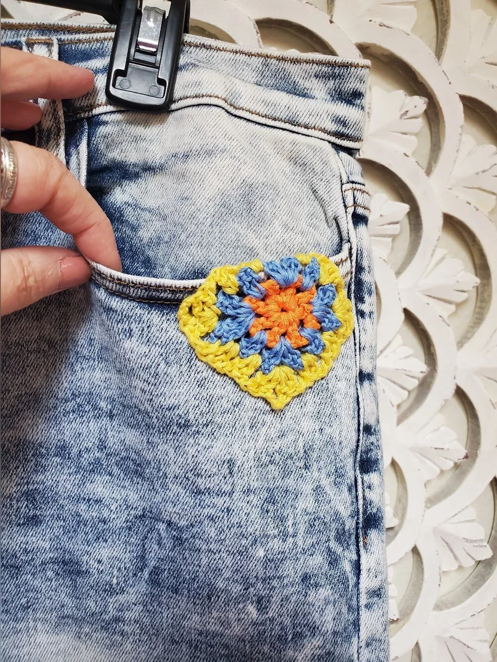 Vibrant Upcycled Kantha Hem Jean Shorts Size 15 Stretch Denim